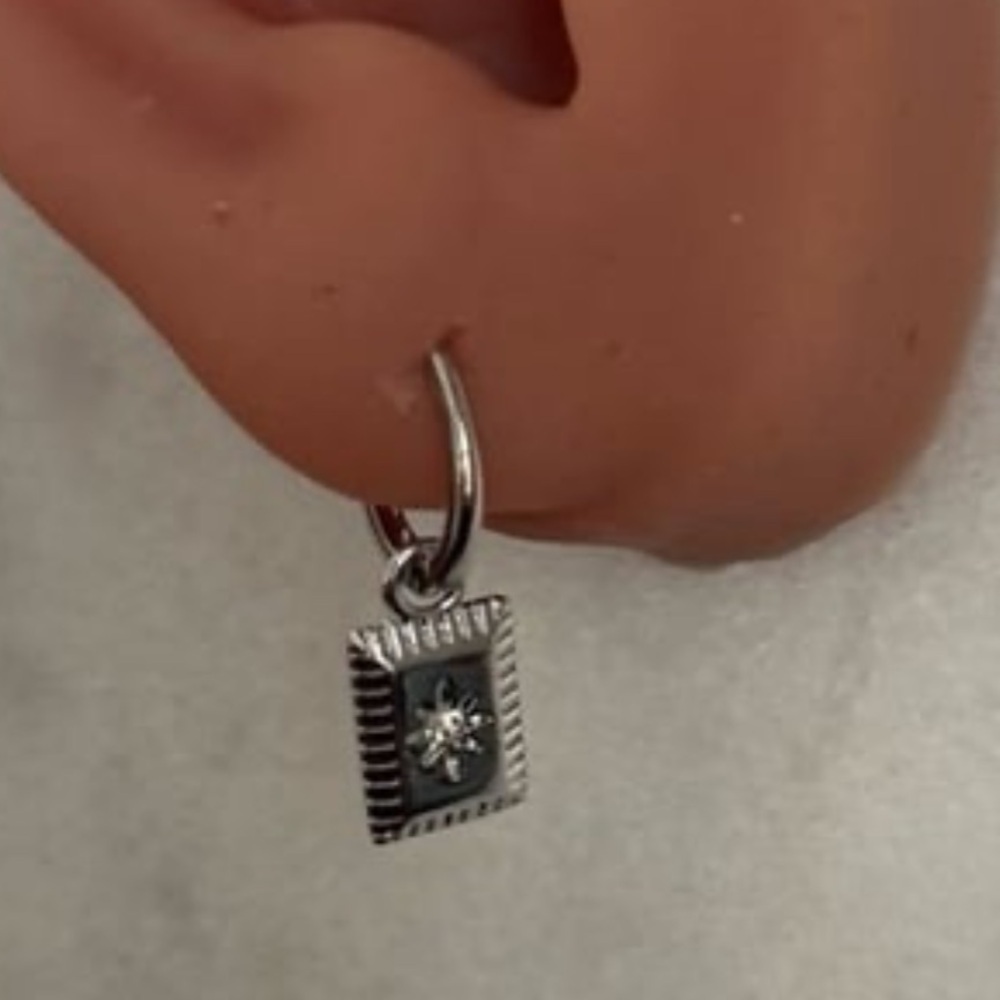 New Drop! Sterling Silver Square Star Burst Crystal Pendant Huggie Hoop Earrings - Picture 2 of 4